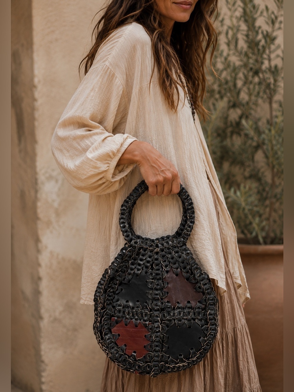 Leather Double big Woven 60s Vintage boho rustic handbag tote
